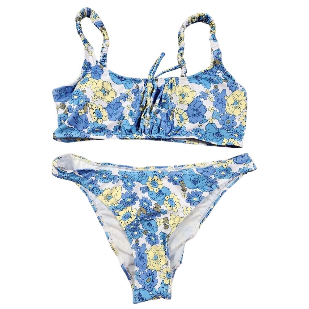 Floral Print Two Piece Bikini Ruched Top Cheeky Womens Size XL Blue Yellow